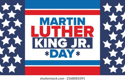 Martin Luther King, Jr. Day. Celebrated annual in United States in January, federal holiday. African American Rights Fighter. Patriotic american elements. Poster, card, banner, background. Vector