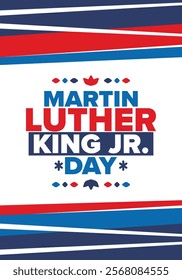 Martin Luther King, Jr. Day. Celebrated annual in United States in January, federal holiday. African American Rights Fighter. Patriotic american elements. Poster, card, banner, background. Vector