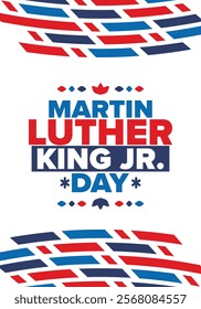 Martin Luther King, Jr. Day. Celebrated annual in United States in January, federal holiday. African American Rights Fighter. Patriotic american elements. Poster, card, banner, background. Vector