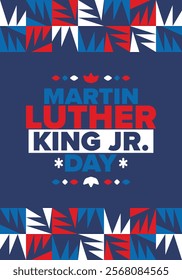 Martin Luther King, Jr. Day. Celebrated annual in United States in January, federal holiday. African American Rights Fighter. Patriotic american elements. Poster, card, banner, background. Vector