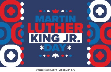 Martin Luther King, Jr. Day. Celebrated annual in United States in January, federal holiday. African American Rights Fighter. Patriotic american elements. Poster, card, banner, background. Vector