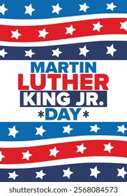 Martin Luther King, Jr. Day. Celebrated annual in United States in January, federal holiday. African American Rights Fighter. Patriotic american elements. Poster, card, banner, background. Vector