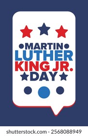 Martin Luther King, Jr. Day. Celebrated annual in United States in January, federal holiday. African American Rights Fighter. Patriotic american elements. Poster, card, banner, background. Vector