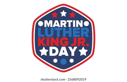 Martin Luther King, Jr. Day. Celebrated annual in United States in January, federal holiday. African American Rights Fighter. Patriotic american elements. Poster, card, banner, background. Vector