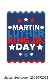 Martin Luther King, Jr. Day. Celebrated annual in United States in January, federal holiday. African American Rights Fighter. Patriotic american elements. Poster, card, banner, background. Vector