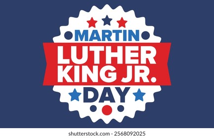 Martin Luther King, Jr. Day. Celebrated annual in United States in January, federal holiday. African American Rights Fighter. Patriotic american elements. Poster, card, banner, background. Vector