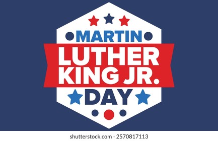 Martin Luther King, Jr. Day. Celebrated annual in United States in January, federal holiday. African American Rights Fighter. Patriotic american elements. Poster, card, banner, background. Vector