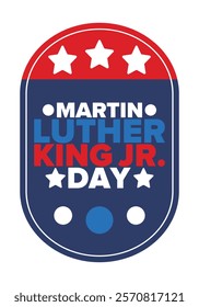 Martin Luther King, Jr. Day. Celebrated annual in United States in January, federal holiday. African American Rights Fighter. Patriotic american elements. Poster, card, banner, background. Vector