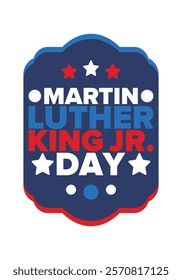 Martin Luther King, Jr. Day. Celebrated annual in United States in January, federal holiday. African American Rights Fighter. Patriotic american elements. Poster, card, banner, background. Vector