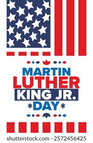 Martin Luther King, Jr. Day. Celebrated annual in United States in January, federal holiday. African American Rights Fighter. Patriotic american elements. Poster, card, banner, background. Vector