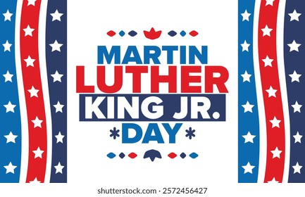 Martin Luther King, Jr. Day. Celebrated annual in United States in January, federal holiday. African American Rights Fighter. Patriotic american elements. Poster, card, banner, background. Vector