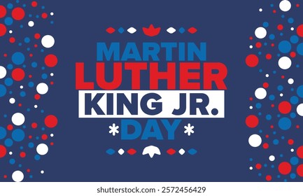 Martin Luther King, Jr. Day. Celebrated annual in United States in January, federal holiday. African American Rights Fighter. Patriotic american elements. Poster, card, banner, background. Vector