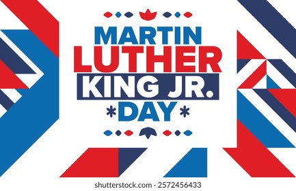 Martin Luther King, Jr. Day. Celebrated annual in United States in January, federal holiday. African American Rights Fighter. Patriotic american elements. Poster, card, banner, background. Vector