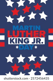 Martin Luther King, Jr. Day. Celebrated annual in United States in January, federal holiday. African American Rights Fighter. Patriotic american elements. Poster, card, banner, background. Vector