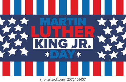 Martin Luther King, Jr. Day. Celebrated annual in United States in January, federal holiday. African American Rights Fighter. Patriotic american elements. Poster, card, banner, background. Vector