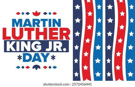 Martin Luther King, Jr. Day. Celebrated annual in United States in January, federal holiday. African American Rights Fighter. Patriotic american elements. Poster, card, banner, background. Vector