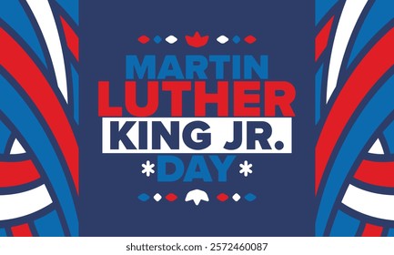 Martin Luther King, Jr. Day. Celebrated annual in United States in January, federal holiday. African American Rights Fighter. Patriotic american elements. Poster, card, banner, background. Vector