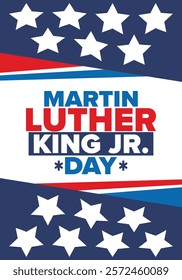 Martin Luther King, Jr. Day. Celebrated annual in United States in January, federal holiday. African American Rights Fighter. Patriotic american elements. Poster, card, banner, background. Vector