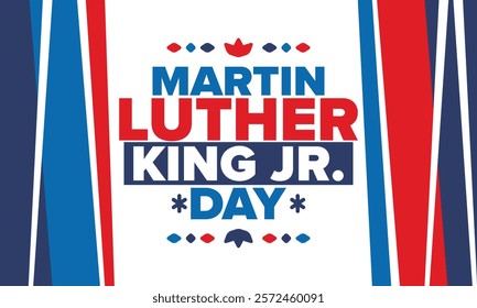 Martin Luther King, Jr. Day. Celebrated annual in United States in January, federal holiday. African American Rights Fighter. Patriotic american elements. Poster, card, banner, background. Vector