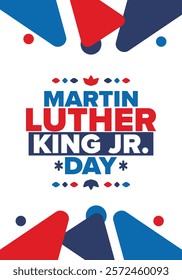 Martin Luther King, Jr. Day. Celebrated annual in United States in January, federal holiday. African American Rights Fighter. Patriotic american elements. Poster, card, banner, background. Vector