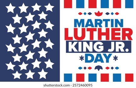 Martin Luther King, Jr. Day. Celebrated annual in United States in January, federal holiday. African American Rights Fighter. Patriotic american elements. Poster, card, banner, background. Vector