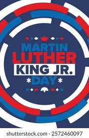 Martin Luther King, Jr. Day. Celebrated annual in United States in January, federal holiday. African American Rights Fighter. Patriotic american elements. Poster, card, banner, background. Vector