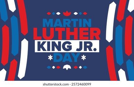 Martin Luther King, Jr. Day. Celebrated annual in United States in January, federal holiday. African American Rights Fighter. Patriotic american elements. Poster, card, banner, background. Vector