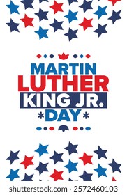 Martin Luther King, Jr. Day. Celebrated annual in United States in January, federal holiday. African American Rights Fighter. Patriotic american elements. Poster, card, banner, background. Vector