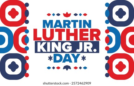 Martin Luther King, Jr. Day. Celebrated annual in United States in January, federal holiday. African American Rights Fighter. Patriotic american elements. Poster, card, banner, background. Vector