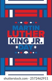 Martin Luther King, Jr. Day. Celebrated annual in United States in January, federal holiday. African American Rights Fighter. Patriotic american elements. Poster, card, banner, background. Vector