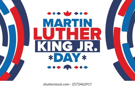 Martin Luther King, Jr. Day. Celebrated annual in United States in January, federal holiday. African American Rights Fighter. Patriotic american elements. Poster, card, banner, background. Vector