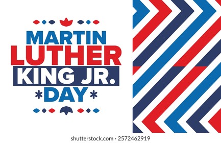 Martin Luther King, Jr. Day. Celebrated annual in United States in January, federal holiday. African American Rights Fighter. Patriotic american elements. Poster, card, banner, background. Vector