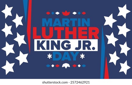 Martin Luther King, Jr. Day. Celebrated annual in United States in January, federal holiday. African American Rights Fighter. Patriotic american elements. Poster, card, banner, background. Vector