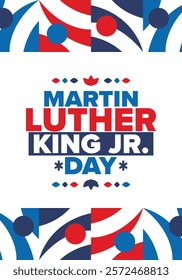 Martin Luther King, Jr. Day. Celebrated annual in United States in January, federal holiday. African American Rights Fighter. Patriotic american elements. Poster, card, banner, background. Vector