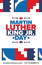 Martin Luther King, Jr. Day. Celebrated annual in United States in January, federal holiday. African American Rights Fighter. Patriotic american elements. Poster, card, banner, background. Vector