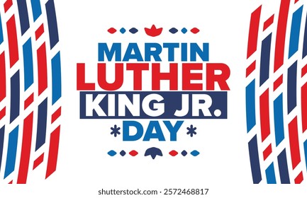 Martin Luther King, Jr. Day. Celebrated annual in United States in January, federal holiday. African American Rights Fighter. Patriotic american elements. Poster, card, banner, background. Vector