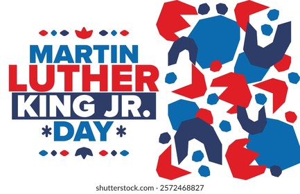 Martin Luther King, Jr. Day. Celebrated annual in United States in January, federal holiday. African American Rights Fighter. Patriotic american elements. Poster, card, banner, background. Vector