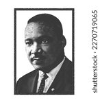 Martin Luther King is shown in a black and white photo with intaglio and engraved effect