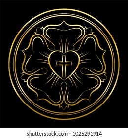 Martin Luther Rose Golden Illustration On Black Background. Luther Seal, Symbol Of Lutheranism, Consisting Of A Cross, An Heart, A Single Rose And A Ring.