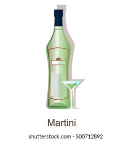 Martini alcoholic drinks. Pair of martini bottle and special wine glass. Vector colorful flat icon with shadow. Isolated on white background.