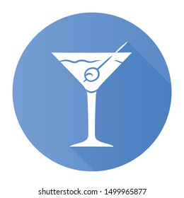 Martini blue flat design long shadow glyph icon. Footed glass with drink and olive. Cocktail with gin, vermouth. Refreshing alcoholic beverage. Tumbler with mixed drink. Vector silhouette illustration