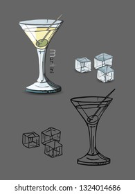 Martini bocada is drawn by hand. On a gray background, contour and color.
