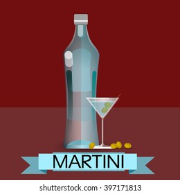 Martini Bottle Glass Olive Alcohol Drink Icon Flat Vector Illustration