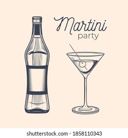 Martini Bottle, Martini Glass With Olive. Martini Party. Vintage Vector Engraving Illustration For Web, Poster, Invitation To Party. Hand Drawn Design Element Isolated On Background.