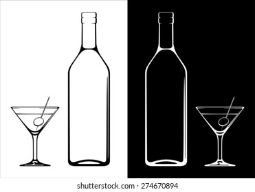 Martini  bottle and glass on white and black background.