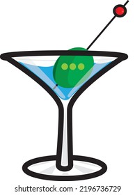 Martini Chat. martini glass with chat symbol depiction vector illustration, minimal design. a glass of martini with bubble chat resembling an olive. make the conversation more romantic.