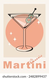 Martini classic Cocktail retro poster. A popular drink. Classic. Vintage flat vector illustration for bar, restaurant, kitchen, wall art print. Vector illustration