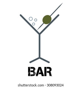 Martini cocktail bar logo. Linear style glass with olive on toothpick. Alcohol drink sign label svg
