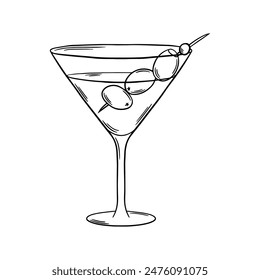 Martini Cocktail black and white outline vector illustration. Bar drink line art. Engraving style. Line drawing