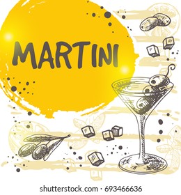 Martini cocktail card. Retro design. Hand drawn vector illustration. Can be used for menu, bar, cafe, restaurant, poster, banner, sticker, placard and other.